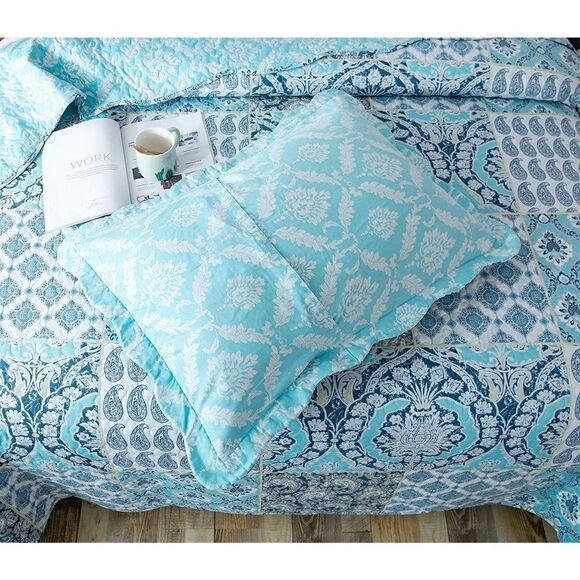 NEW! Beautiful Boho Teal and Navy Printed QUEEN Quilt Set Farmhouse Country - Picture 3 of 3